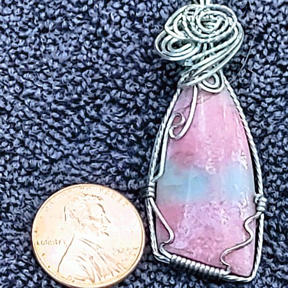 Rhodonite Teardrop - Silver Coated Wire Wrapped Pendant Necklace - Picture 1 of 2